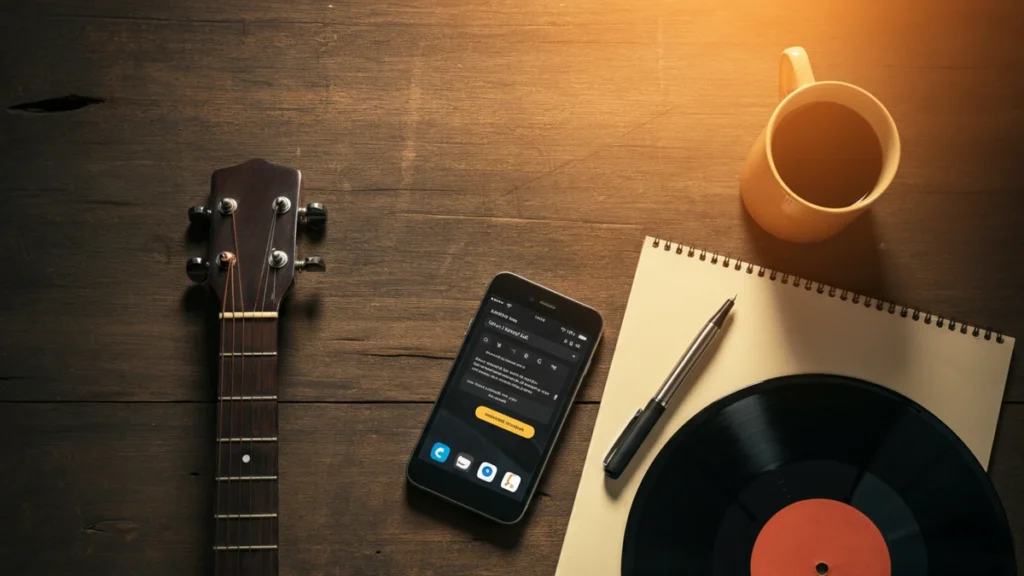 A flat lay photo of a smartphone, acoustic guitar, vinyl record, and coffee mug on a rustic wooden table.