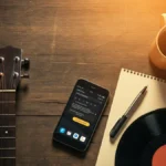 A flat lay photo of a smartphone, acoustic guitar, vinyl record, and coffee mug on a rustic wooden table.