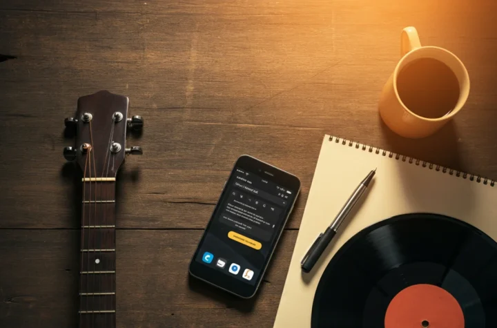 A flat lay photo of a smartphone, acoustic guitar, vinyl record, and coffee mug on a rustic wooden table.
