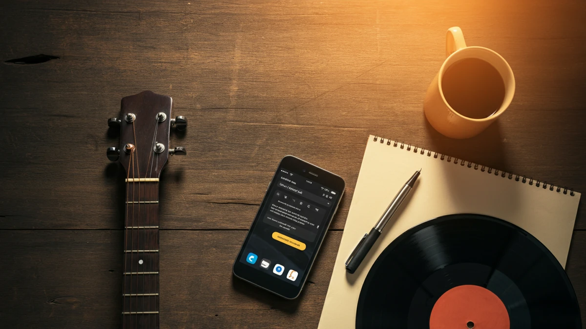 A flat lay photo of a smartphone, acoustic guitar, vinyl record, and coffee mug on a rustic wooden table.