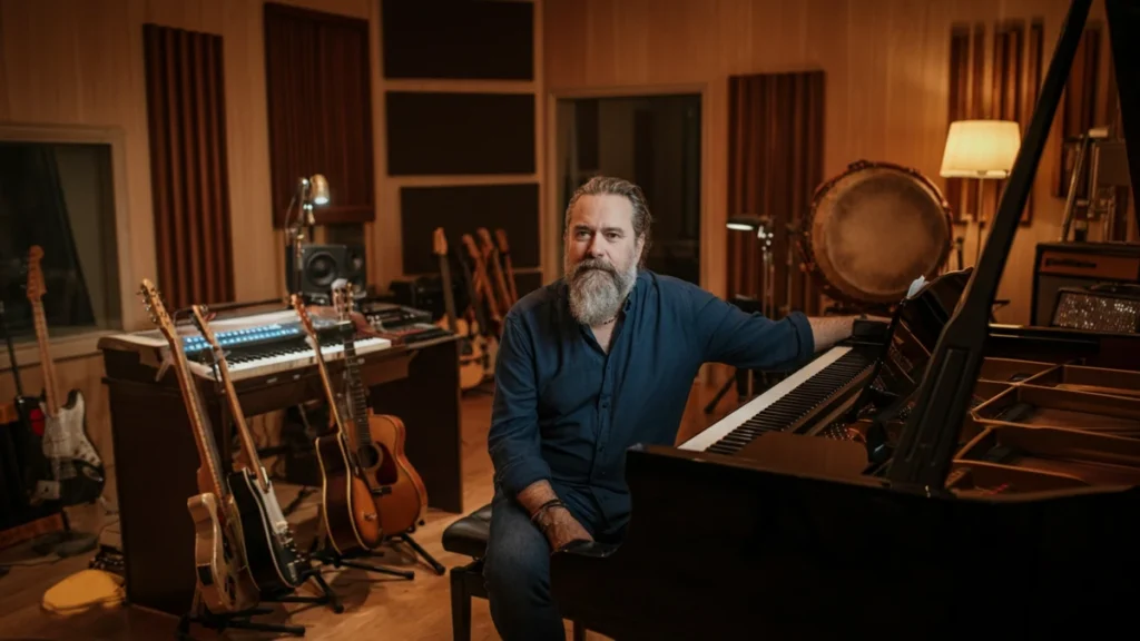 A male composer sits thoughtfully in his recording studio, surrounded by a piano, guitars, and world instruments.