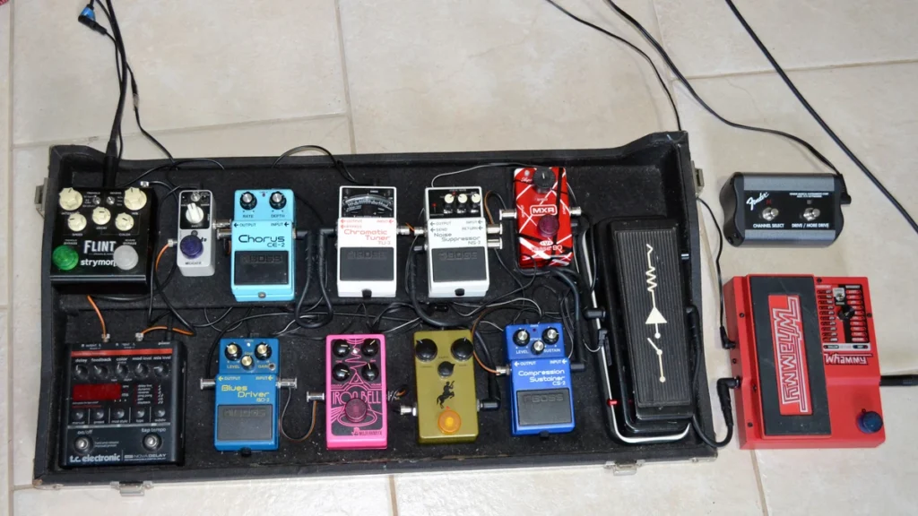 A guitar effects pedalboard of the kind central to shoegaze