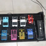 A guitar effects pedalboard of the kind central to shoegaze