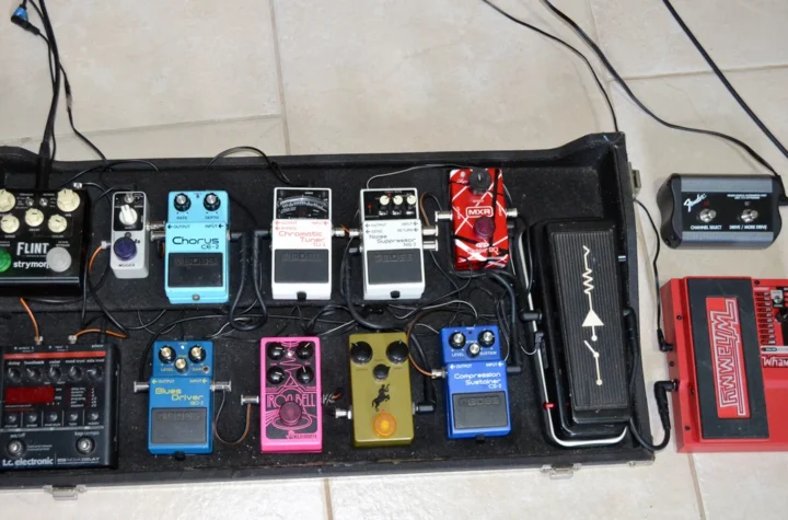 A guitar effects pedalboard of the kind central to shoegaze